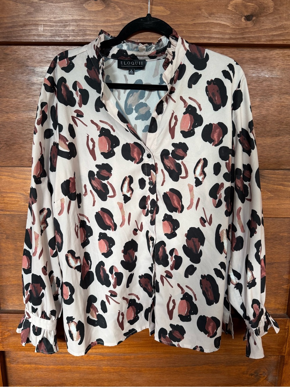 Eloquii Cream Animal-Print Button Front Blouse with Black and Brown Spots